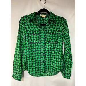 Michael Kors Womens Button Up Shirt Top Roll Tab Long‎ Sleeve Green Pattern